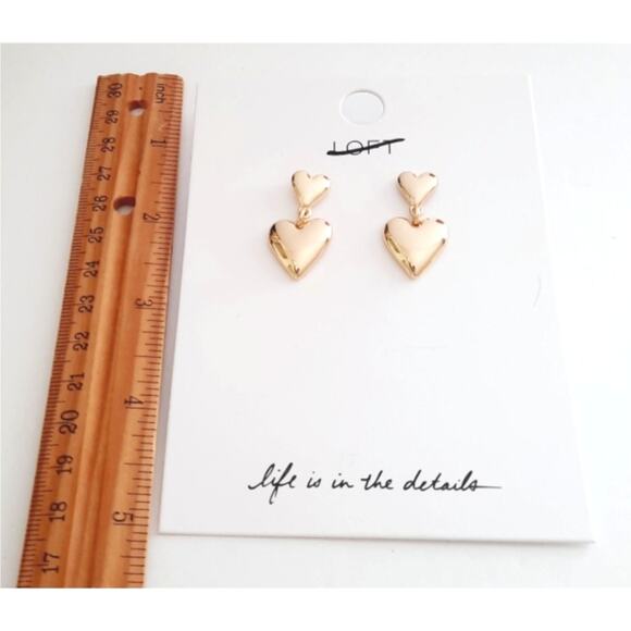 NEW Loft Double Heart Polished Gold Tone Drop Dangle Post Earrings - Picture 3 of 4